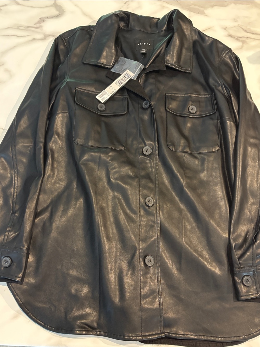 Tribal Black Faux Leather Button-Front Shirt Jacket